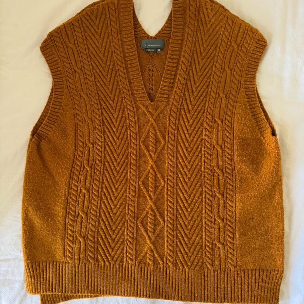 Anthropologie V-Neck Cable Knit Sweater Vest - Mustard